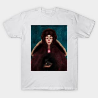 Young Girl in a Renaissance Cloak Holding a Raven With a Starry Night Sky- Gothic Art- Witch Art T-Shirt